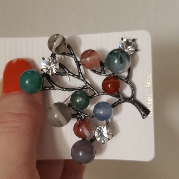 New Rhinestone Multi Colored Agate Silver Tree Pin Brooch. - Picture 5 of 7